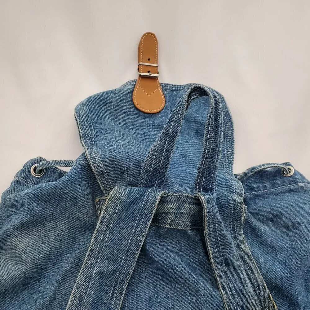 💥 VINTAGE Pacific Denim Co. Drawstring Backpack - 80s/90s Light Wash Rucksack